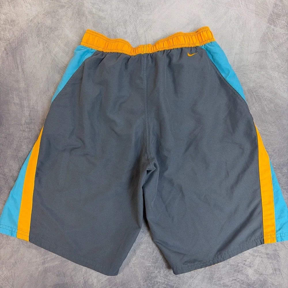 Nike Swim Trunks Mens Medium Grey Orange Blue Colorblock Board Shorts Logo